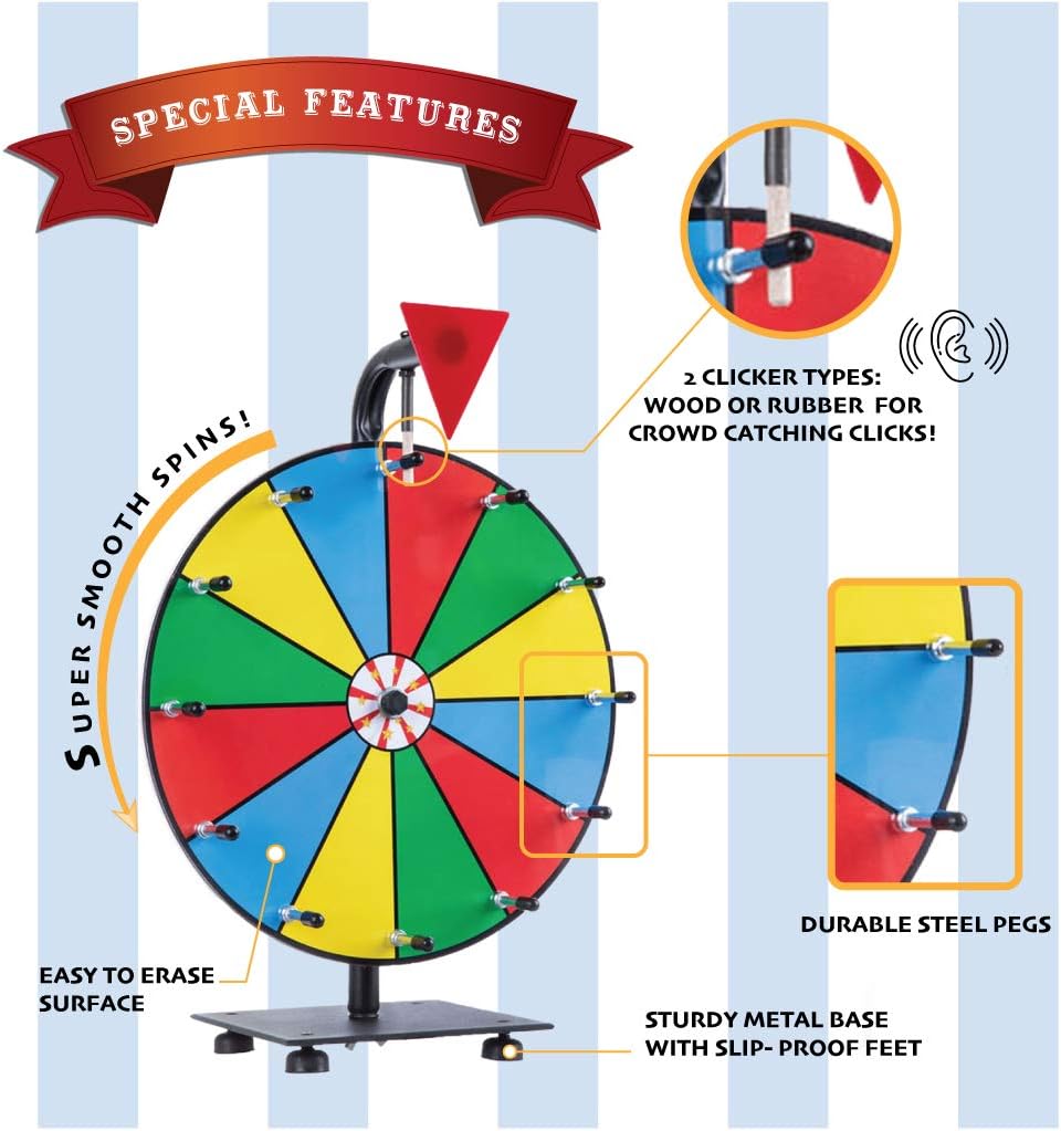5 in 1 Tabletop Prize Wheel Spinner - 12" Carnival Games Smooth Spinning Wheel for Prizes, Raffle - Portable Dry Erase Spin the Wheel Game with Stand