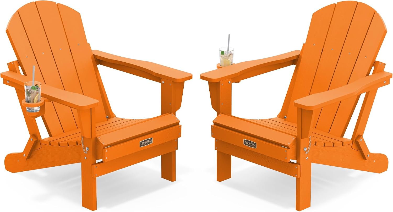 SERWALL Folding Adirondack Chairs with Cup Holder, Outdoor Fire Pit - Blue