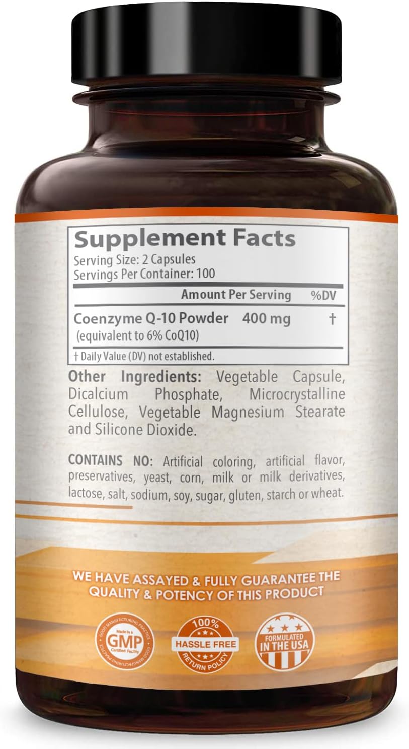 Coenzyme Q10 400mg CoQ10 Supplement - Once Daily Coq 10 400mg Powder Capsules for Healthy Heart Antioxidant and Energy Support - Non-GMO Quick Absorption Ubiquinone Q10 Coenzyme (100 Servings)
