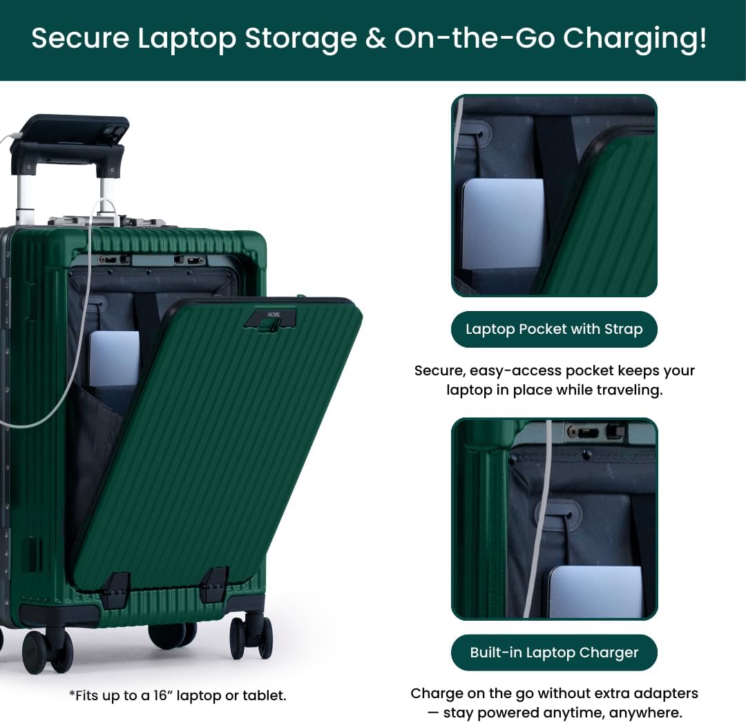 Nobl Travel Carry on Luggage, Zipperless Aluminum Frame, TSA Locks | PC Hard Shell Suitcase, Airline Approved, 360° Spinner Wheels, USB Charging Port, Cup & Phone Holder, 22.5x15x9.5, Ivory