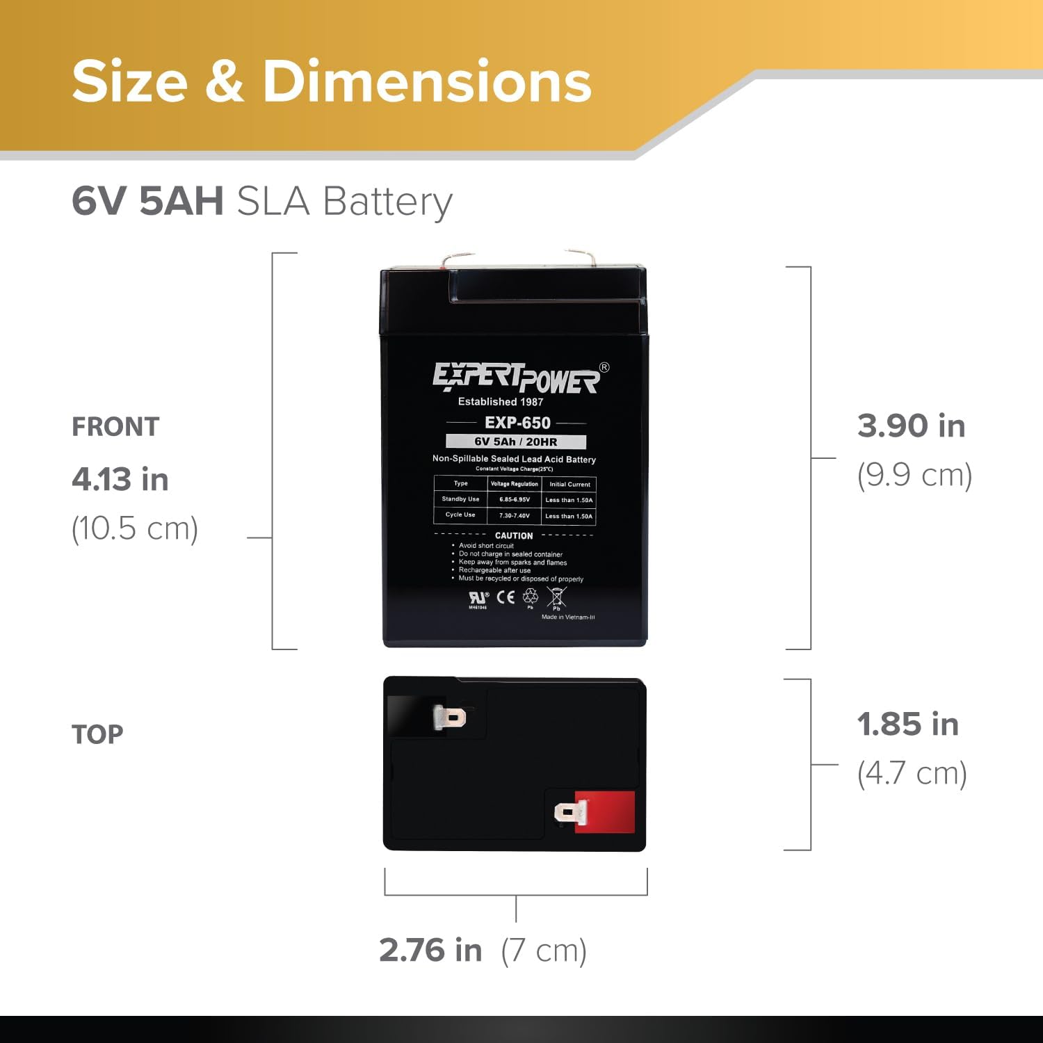 ExpertPower EXP650-6V 5Ah / 20HR SLA Rechargeable 6V Battery for Ride on Toys, Emergency Light, Exit Sign Battery Replacement, Sealed Lead Acid 6 Volt Batteries with F1 Terminals
