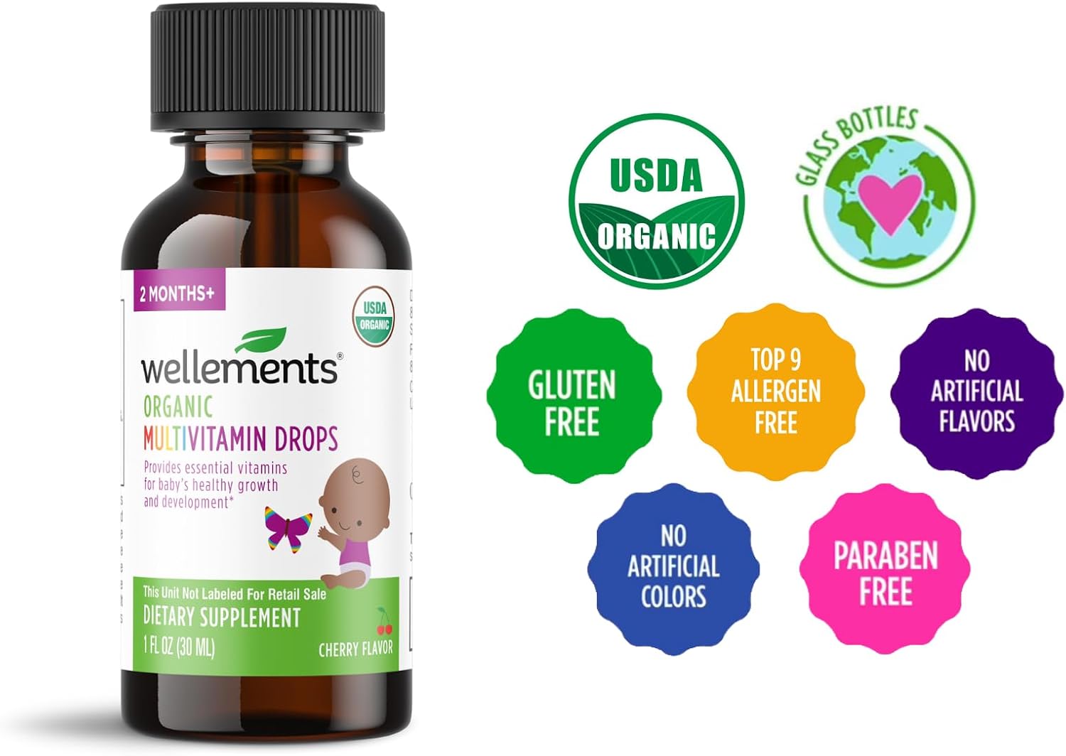 Organic Liquid Baby Multivitamin Drops Cherry Flavor (1 Fl Oz) 2 Months+ | Multivitamins Drops for Infants & Toddlers - Toddler Vitamins for Immune