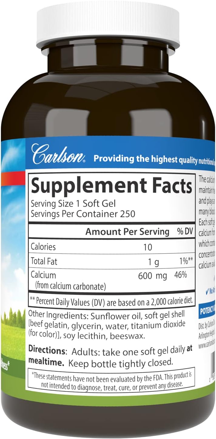Carlson Cal-600, 600 mg, Calcium, Liquid Filled, 100 Softgels | Bone Support; Healthy Teeth; Optimal Wellness
