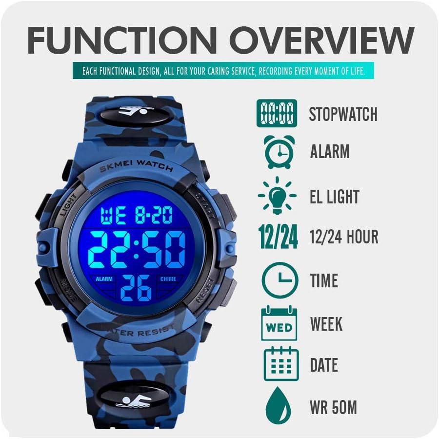 cofuo Kids Digital Watch for Boys Girls, Boys Watches Ages 3-17,Sport Outdoor Watch for Kid, 50M Waterproof Analog Multifunctional Chronograph LED Alarm Stopwatch Silicone Band, Kids Gift