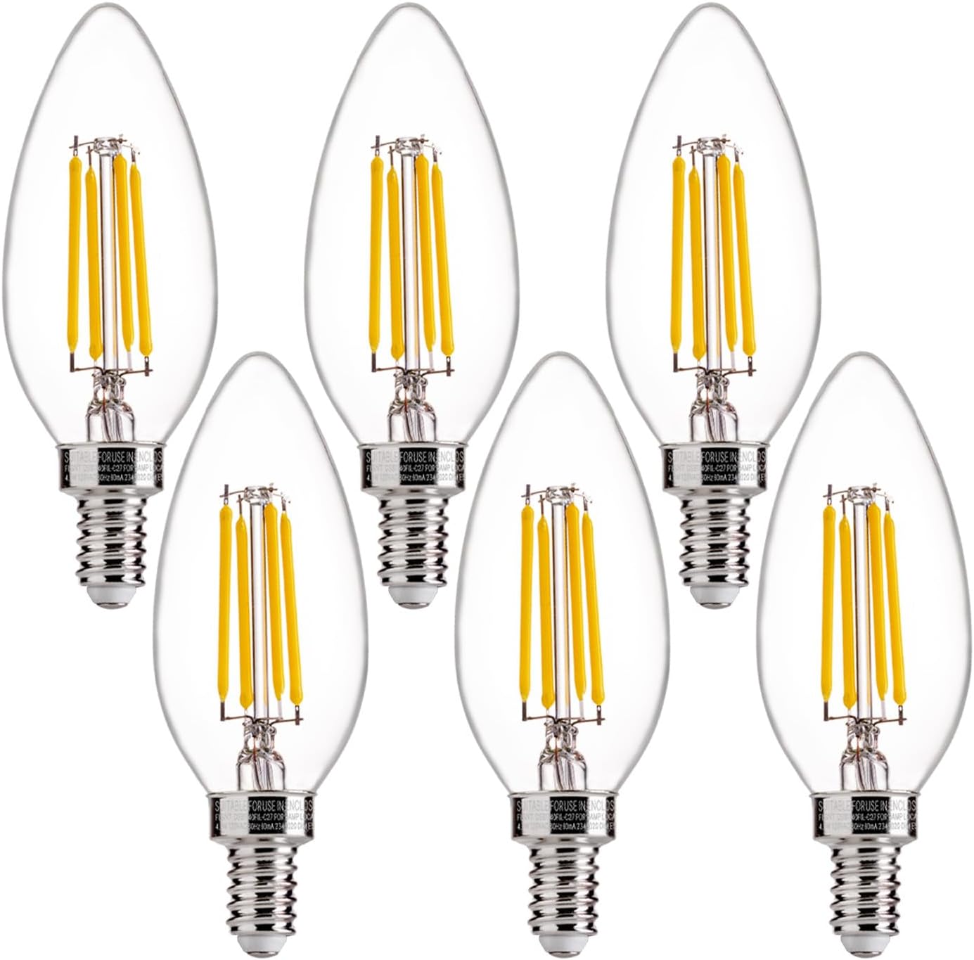 60W Equivalent LED Chandelier Light Bulbs, Dimmable, E12 Base, Clear B11 LED Filament Candelabra Bulbs, 2700K Soft White, 6 Pack