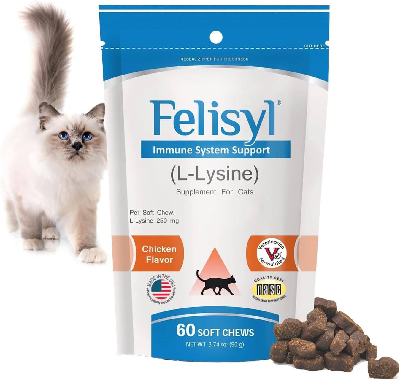 Immune System Support for Cats - Amino Acid L-Lysine - Produce Antibodies - Healthy Tissue, Respiratory Health, Vision - 60 Soft Chews