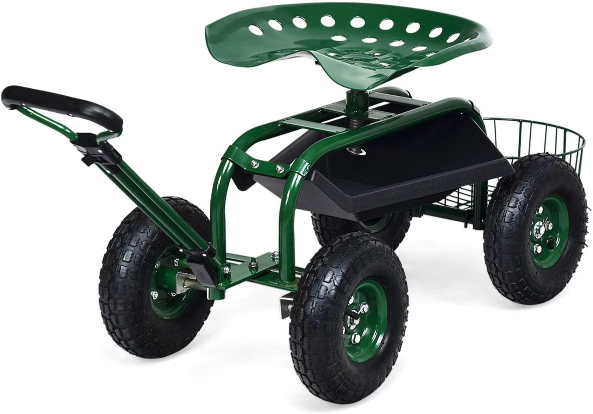 Goplus Rolling Garden Cart with Seat, Outdoor Garden Stool with Wheels, Tool Tray & Basket, Adjustable Steering Handle