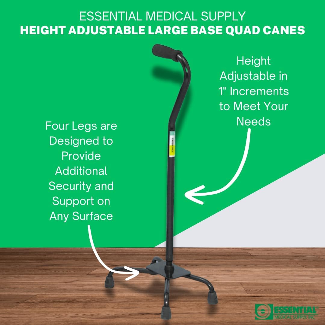 Essential Medical Supply Small Base Quad Cane in Black - Height Adjustable Walking Cane, Sturdy and Durable Walking Cane for Improved Mobility and Stability with 4 Prong Base and Rubber Tips