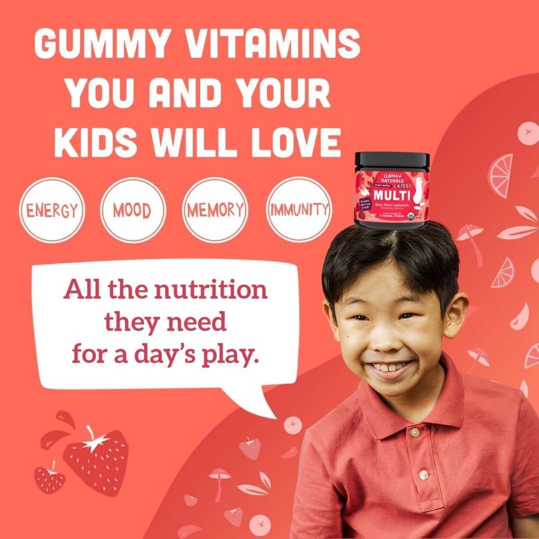 Llama Naturals Kids Multivitamin Gummies | Real Fruit, No Added Sugar Cane | Organic Vegan Toddler Whole Food Vitamins | Vitamin D, C & Beta Carotene Gummy Supplement | Cherry 90 Ct (1-2 Months)