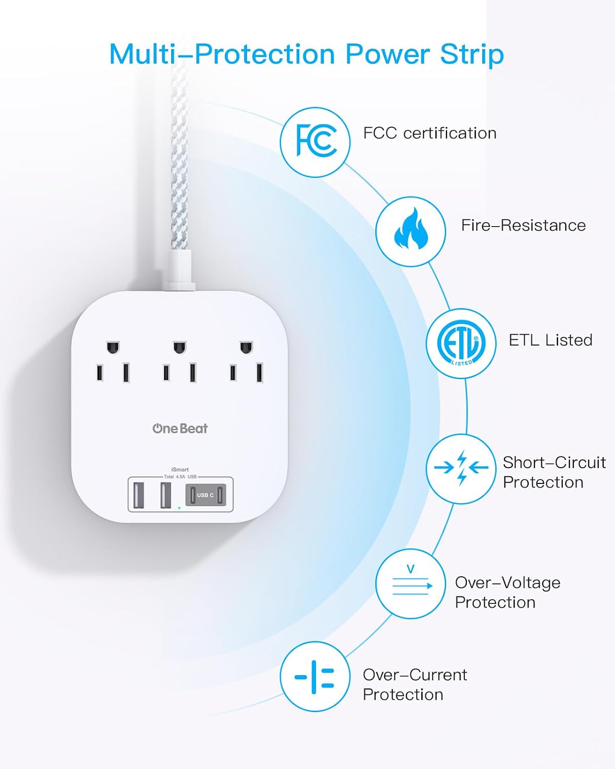 One Beat Power Strip with USB C, 3 Outlets 4 USB Ports (22.5W/4.5A), 6ft