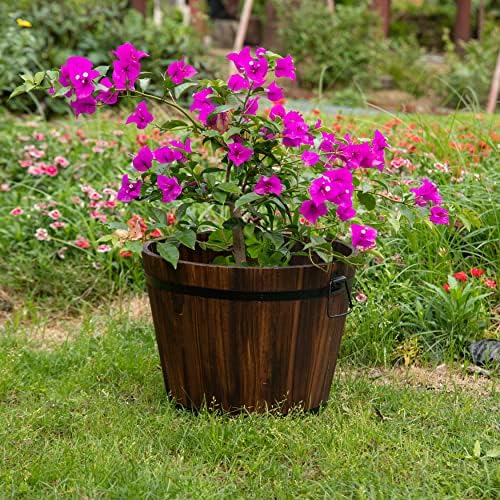 Rustic Wooden Whiskey Barrel Planter with Durable Medal Handles and Drainage Hole - Perfect for Indoor and Outdoor Plants, Herbs, and Vegetables - Medium