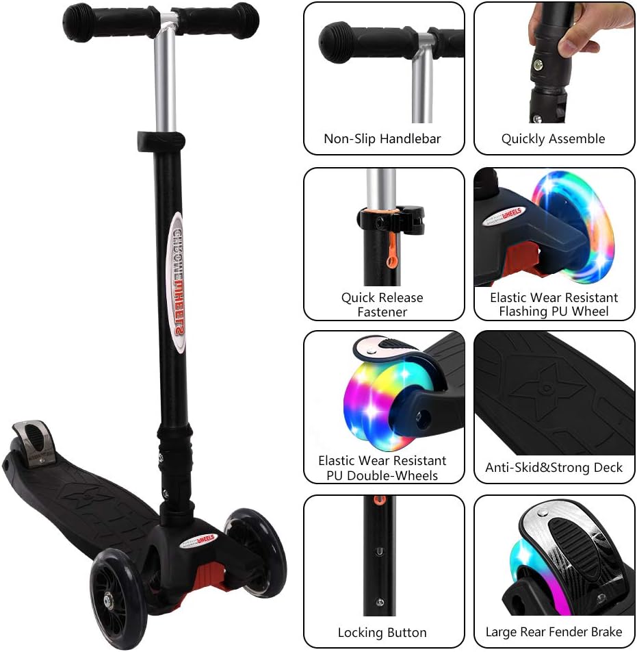 ChromeWheels Foldable Scooters for Kids, Deluxe Kick Scooter 4 Adjustable Height 132lbs Weight Limit 3 Wheel, Lean to Steer LED Light Up Wheels