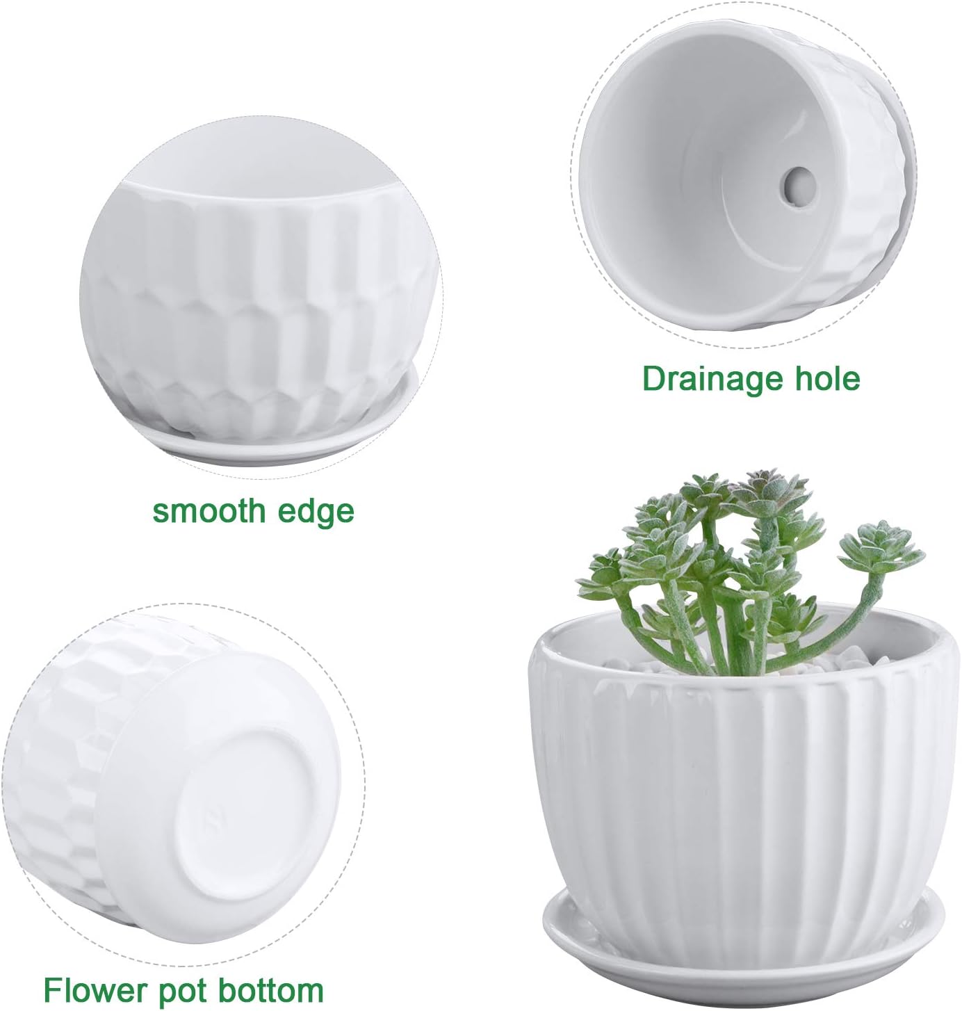 Flower Pots, 4 Inch Cylinder Ceramic Plant Pots with Connected Saucer, Mini Ceramic Planters for Succulent and Little Snake Plants (6 Pack, White)