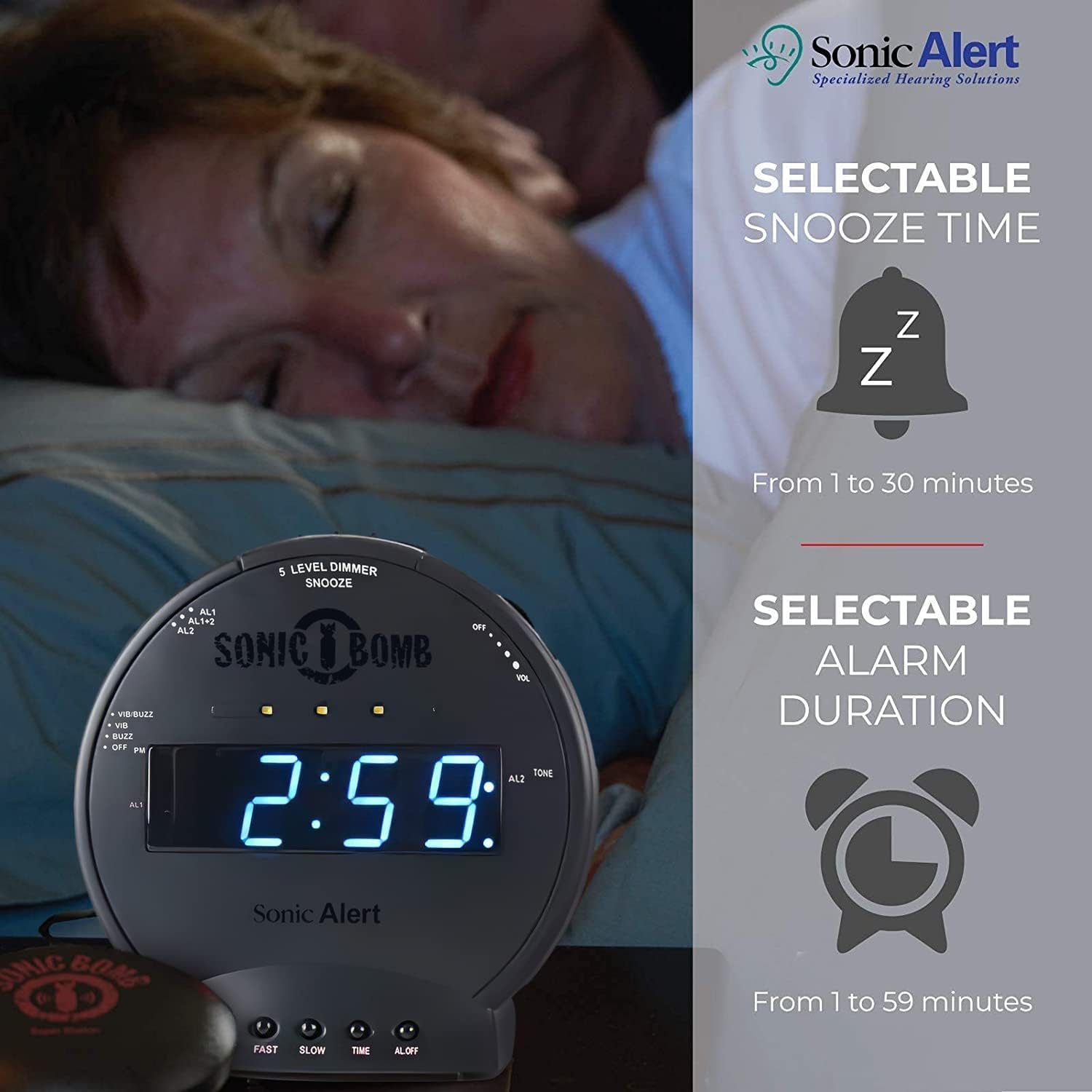 Sonic Bomb Dual Extra Loud Alarm Clock with Bed Shaker, Black | Sonic Alert Vibrating Alarm Clock Heavy Sleepers, Battery Backup | Wake with a Shake