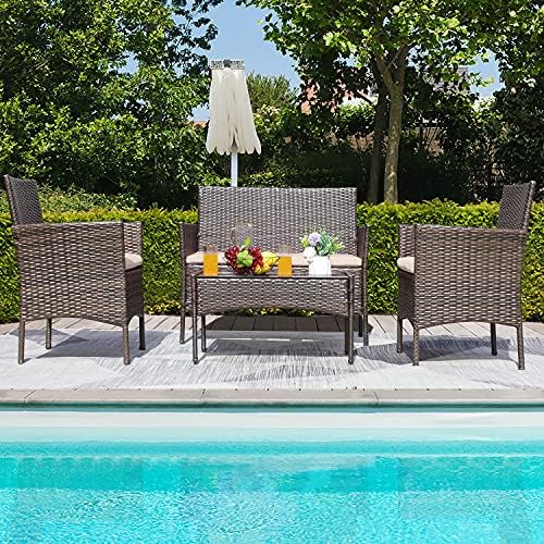 Greesum Patio Furniture 4 Pieces Conversation Sets,Brown and Beige