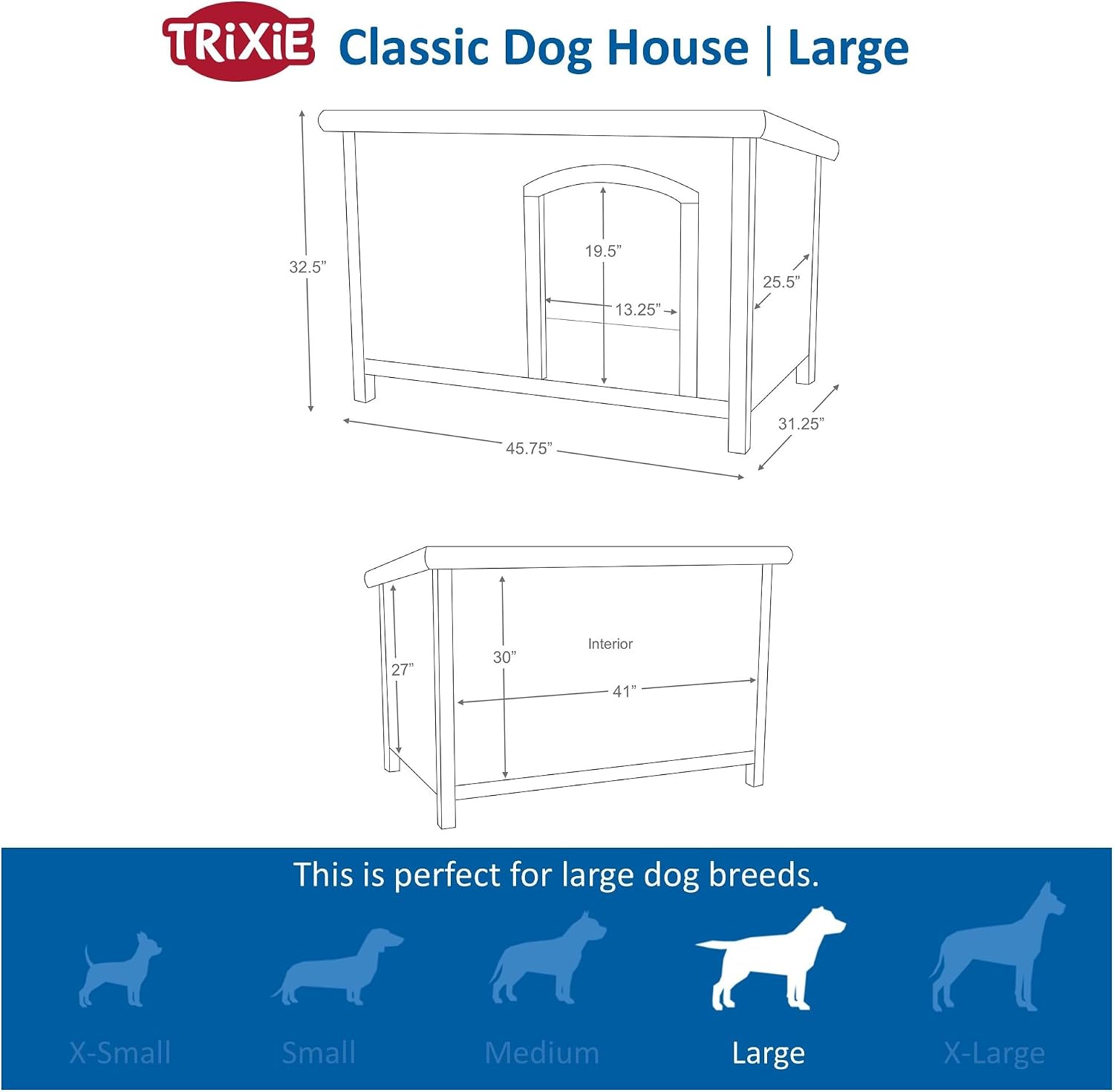 Trixie Natura Classic Dog House - Wooden Outdoor Shelter with Weatherproof Sealer, Hinged Roof & Adjustable Legs for Medium Dogs - Gray - 27 x 41 x 28.5 in