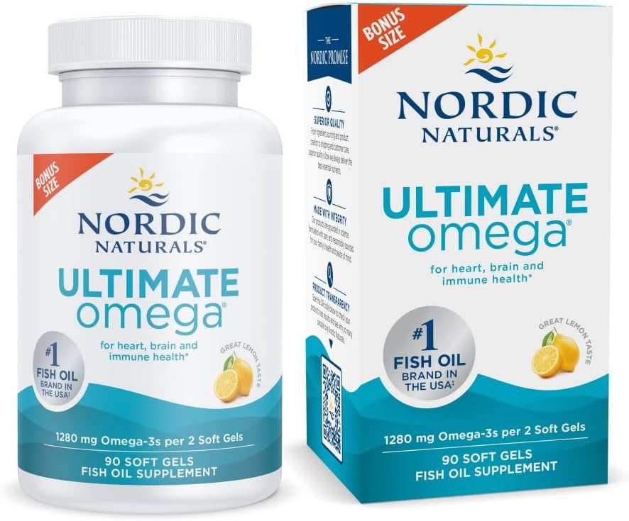 Nordic Naturals Ultimate Omega, 1280mg Omega-3 Fish Oil, Lemon - 60 Count | High-potency Omega-3 Fish Oil with EPA & DHA supports brain & heart health. Non-GMO, burpless formula. 30 servings.