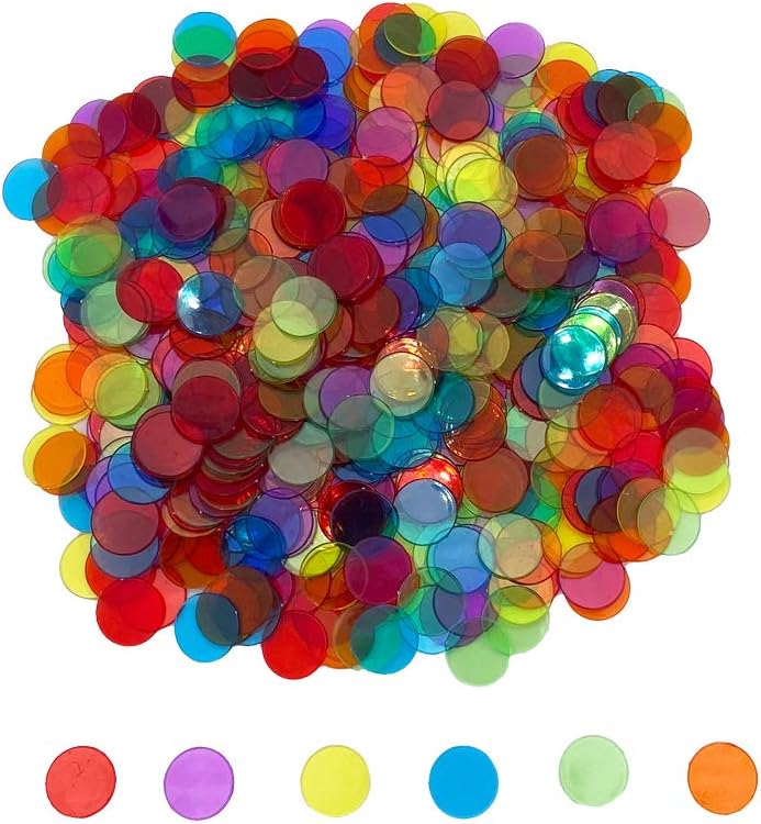 JUNWRROW 500 PCS 3/4 inch Transparent 6 Color Bingo Counting Chips with Bag