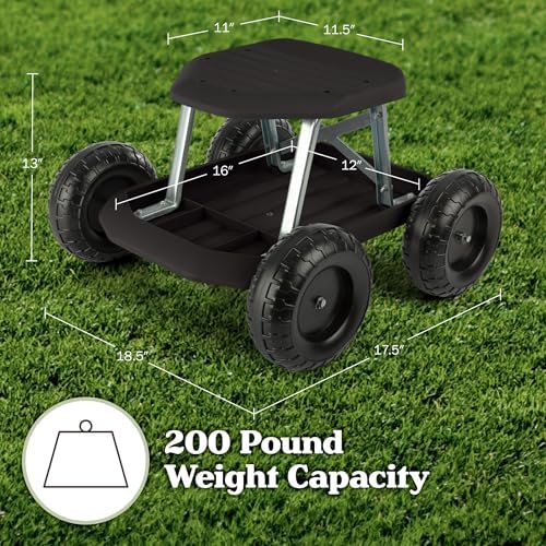 Pure Garden Rolling Garden Seat with Wheels and Tool Tray, Black/Green | Gardening Stool Garden Cart Scooter with Storage for Yard Tools