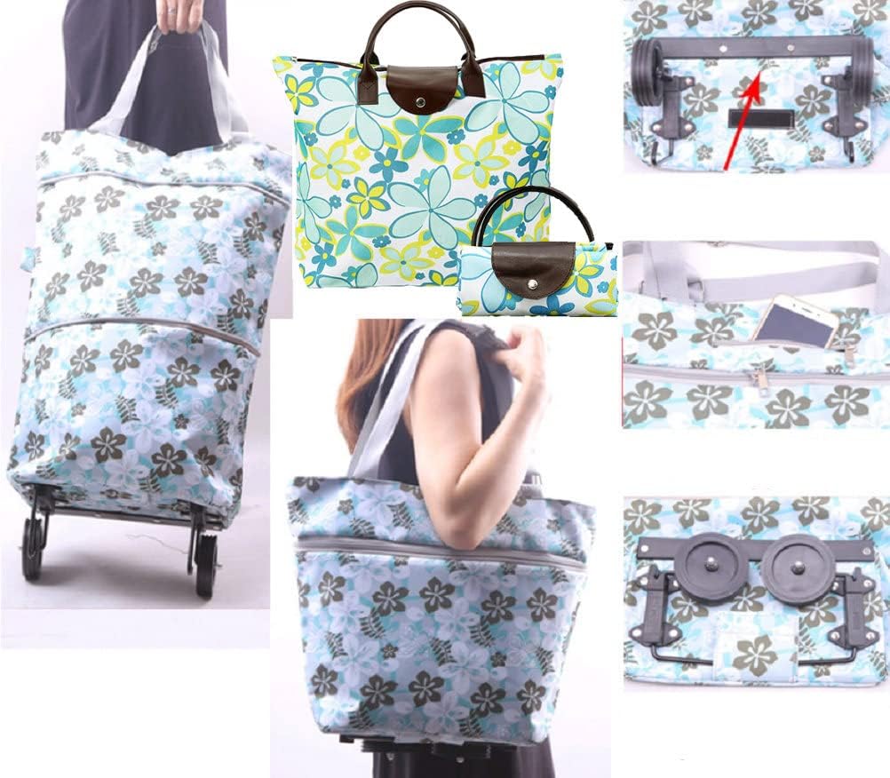 Collapsible Shopping Bag with Wheels Portable Shopping Cart with 360° Swivel Wheels Rolling Tote Bag Reusable Grocery Bag Trolley Bag on Wheels for Travel Shopping and Daily Use(Blue)