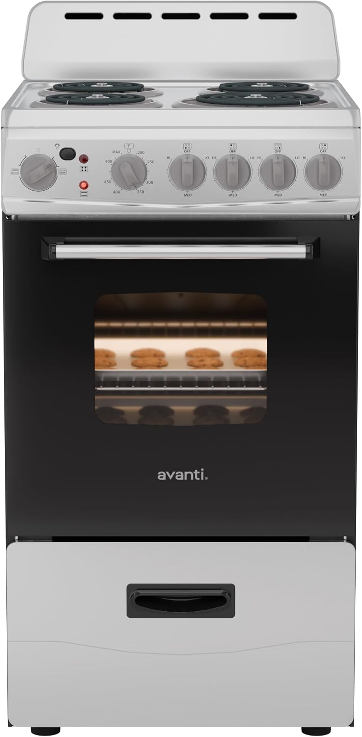 Avanti Electric Range Oven Compact Design, 2.1-Cu.Ft. Capacity with 4 Coil Burners, Framed Glass Oven Door, Storage Drawer and Broiler with Pan, 20-Inch, White