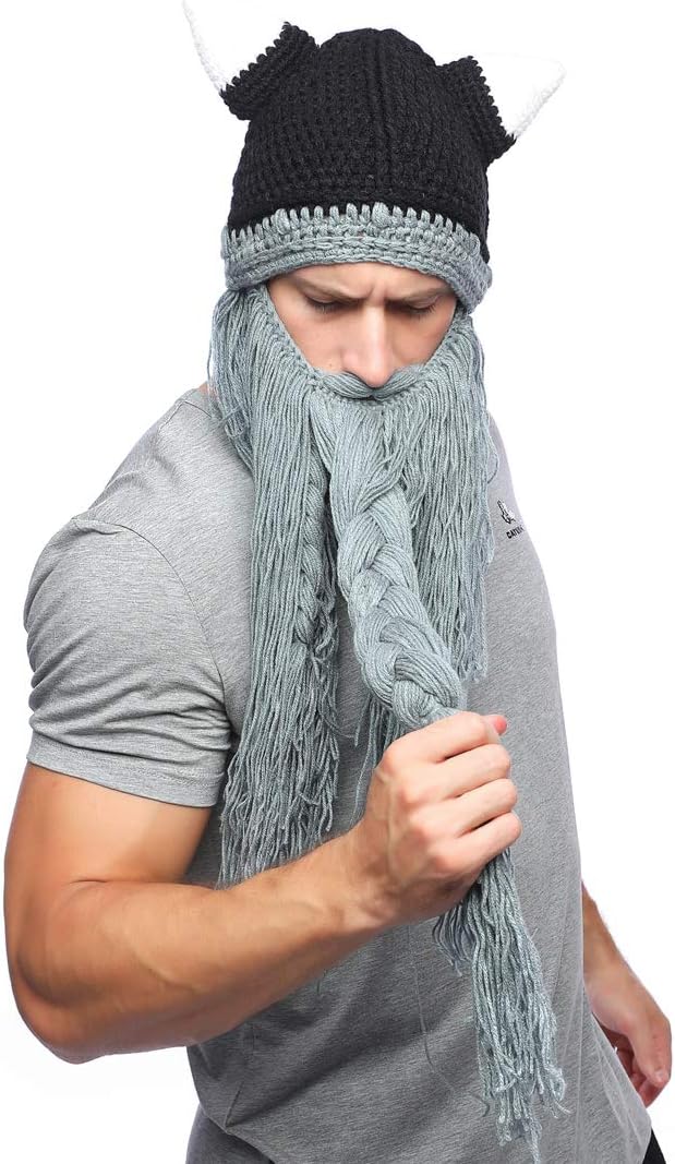 Kafeimali Men's Head Barbarian Vagabond Beanie Original Foldaway Beard Hats Halloween Viking Horns Bearded Caps