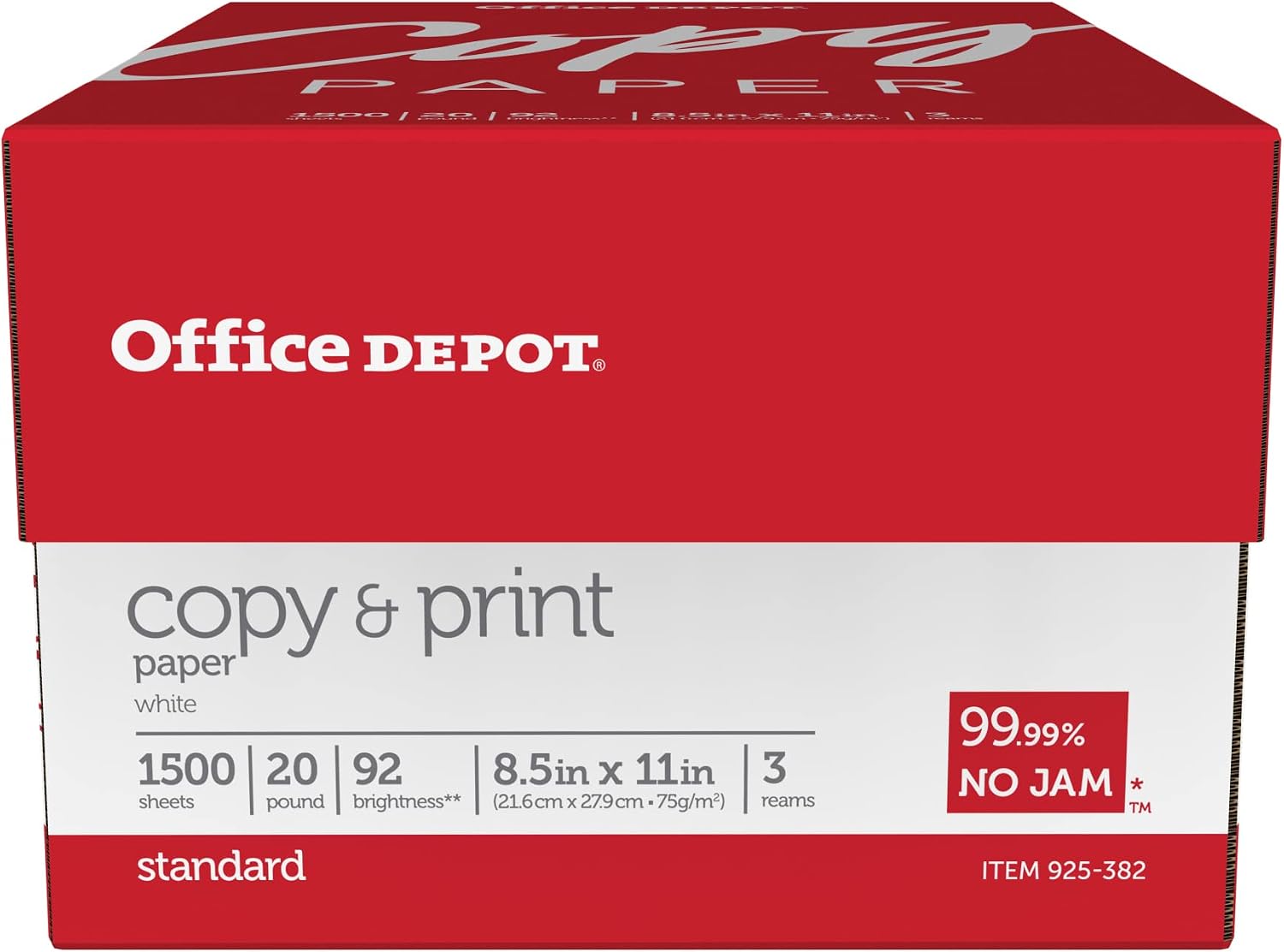Office Depot Copy Print Paper, 8 1/2in. x 11in., 20 Lb, Bright White, 500 Sheets Per Ream, Case Of 3 Reams, 1008