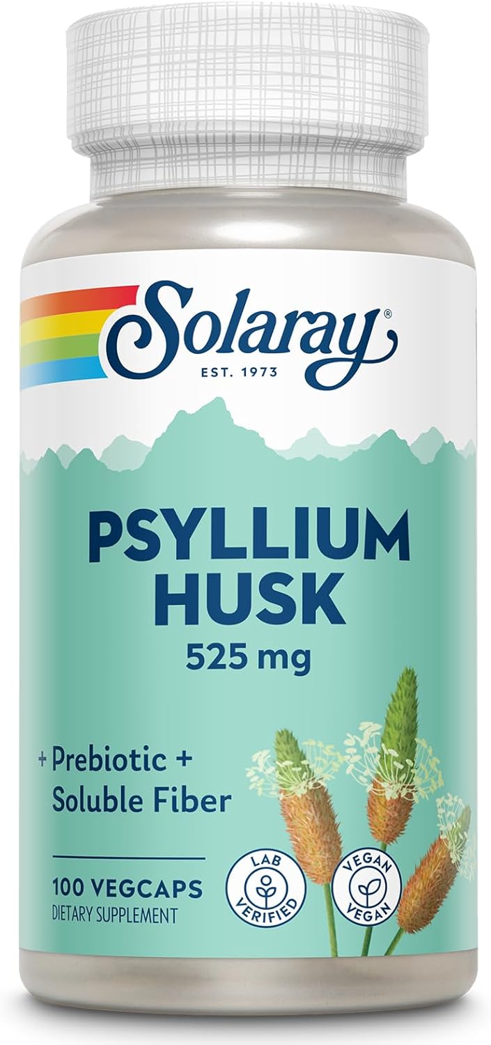 SOLARAY Psyllium Husk Capsules – 525 mg Prebiotic and Soluble Fiber Supplement for Overall Daily Wellness Support – Vegan