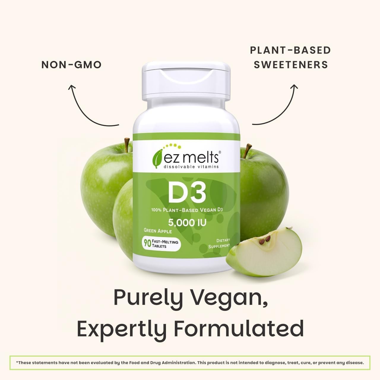 EZ Melts Dissolvable Vitamin D3 5,000 IU - Vegan Vitamin D Supplement for Bone & Teeth Support - No Artificial Flavors - Plant-Based & Non-GMO - Green Apple - 90 Dissolvable Tablets (90 Servings)