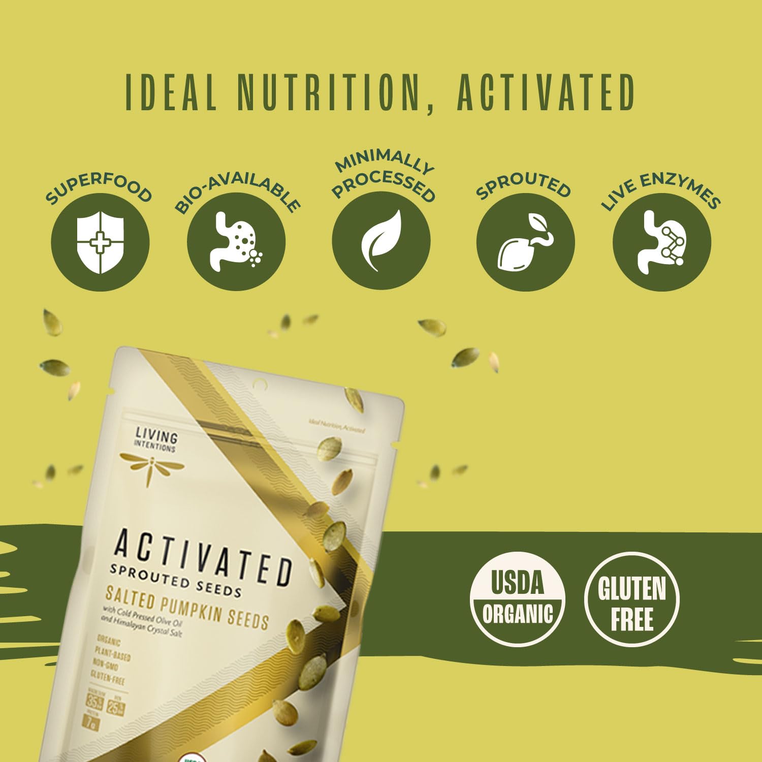 Living Intentions Organic Sprouted Pumpkin Seeds: Salted – NonGMO – Gluten Free – Vegan –Kosher – Paleo - 8 Ounce Unit