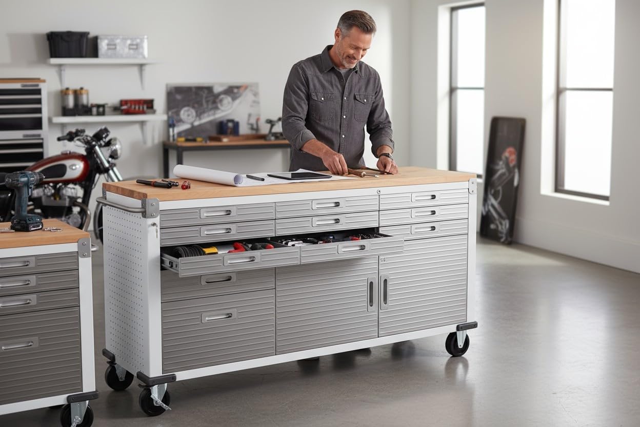 Heavy-Duty Rolling Workbench with Drawers and Cabinet, 77" W x 20" D x 37.5" H, (Red, 11 Drawer)