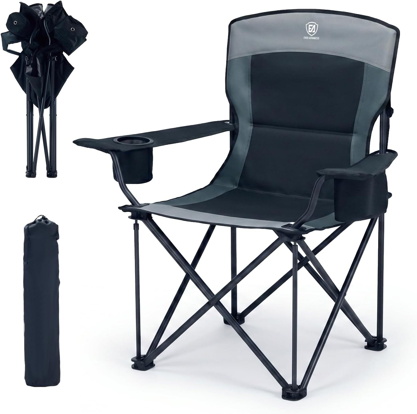 EVER ADVANCED High Back Folding Camping Chair Oversized and Fully Padded, Portable Quad Camp Lawn Chair Up to 400 lbs, with Cup Holder Armrest Carrying Bag