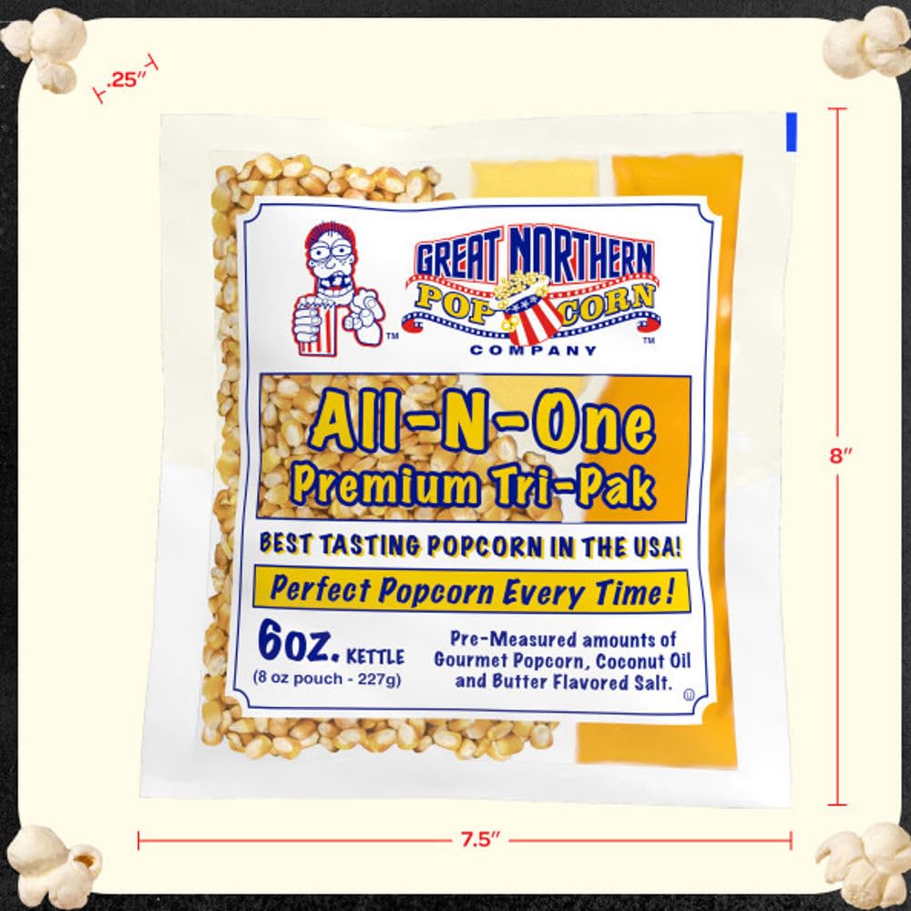 Great Northern Popcorn Movie Theater Style 6oz Popcorn Packs, 12 Case | All-in-One Pre-Measured Kernels, Butter Flavored Salt, and Coconut Oil Packs for 6oz Kettle - Movie Night Supplies