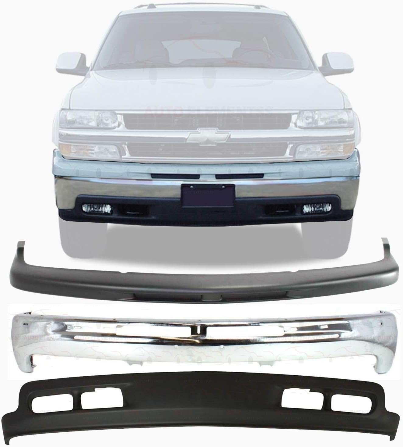 Front Bumper Chrome Steel + Upper Cover Primed + Lower Valance For 1999-2002 Chevy Silverado 1500/2000-2006 Chevrolet Tahoe Suburban 1500 Direct