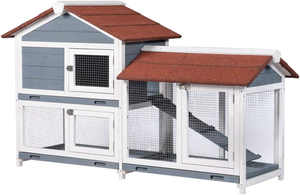 GDLF 62" Rabbit Hutch, Bunny Hutch Indoor Outdoor with Ramp, Cleaning Tray