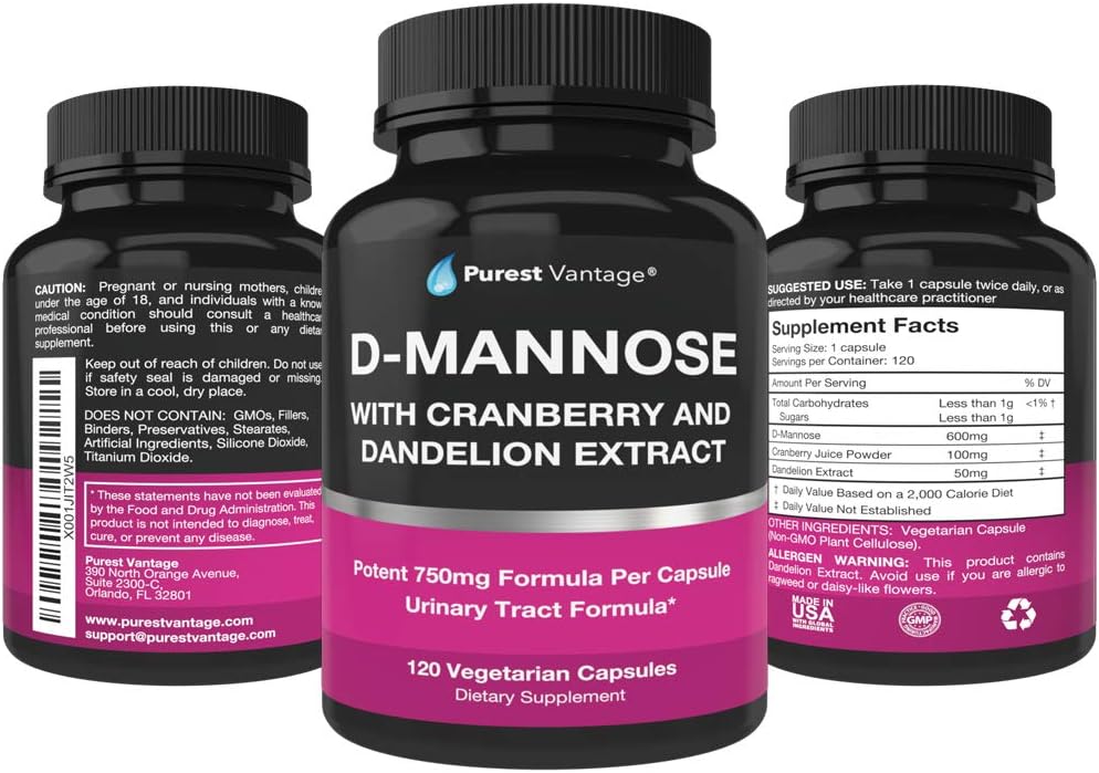 D-Mannose Capsules, 600mg D mannose with Cranberry, 120 Caps | 750mg Formula for Bladder, Urinary Tract and UTI Support, D-Mannose