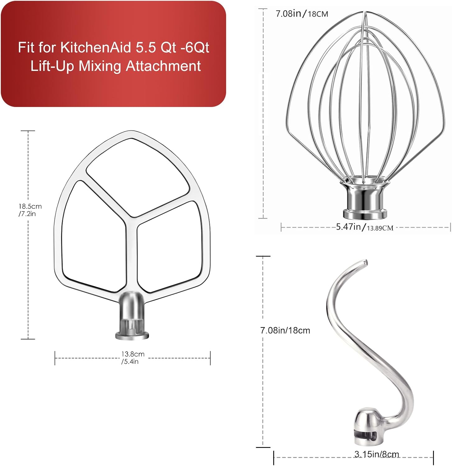 Stainless Steel Stand Mixer Attachments 3-Piece (4.5-5QT Flat Beater, 4.5-5QT Dough Hook, K45WW 6-Wire Whip Attachment) for KitchenAid Tilt-Head Stand Mixer and 4.5-5 Quart Bowl, Dishwasher Safe