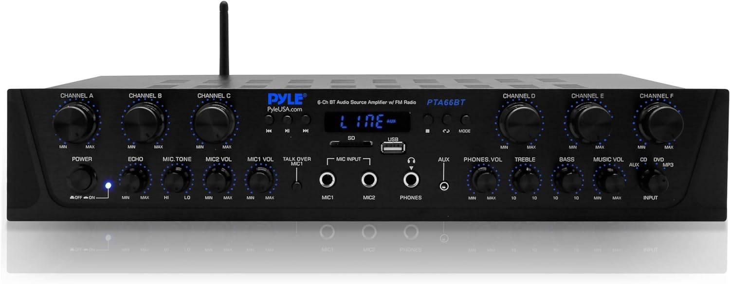 Pyle Bluetooth Home Audio Amplifier - 6 Channel Stereo Receiver Amp, 600 Watt Power, Commercial or Karaoke with Mic Talkover, Headphone Jack