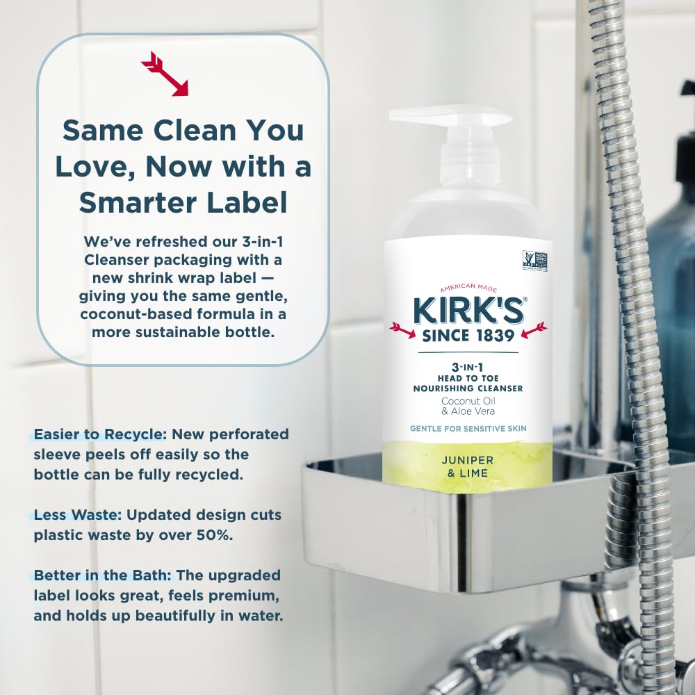 Kirk's Juniper & Lime​ 3-in-1 Nourishing Cleanser, Shampoo Body Wash Bubble Bath, Coconut Oil and Aloe Vera, Vegan Non-GMO, 32 Fl Oz