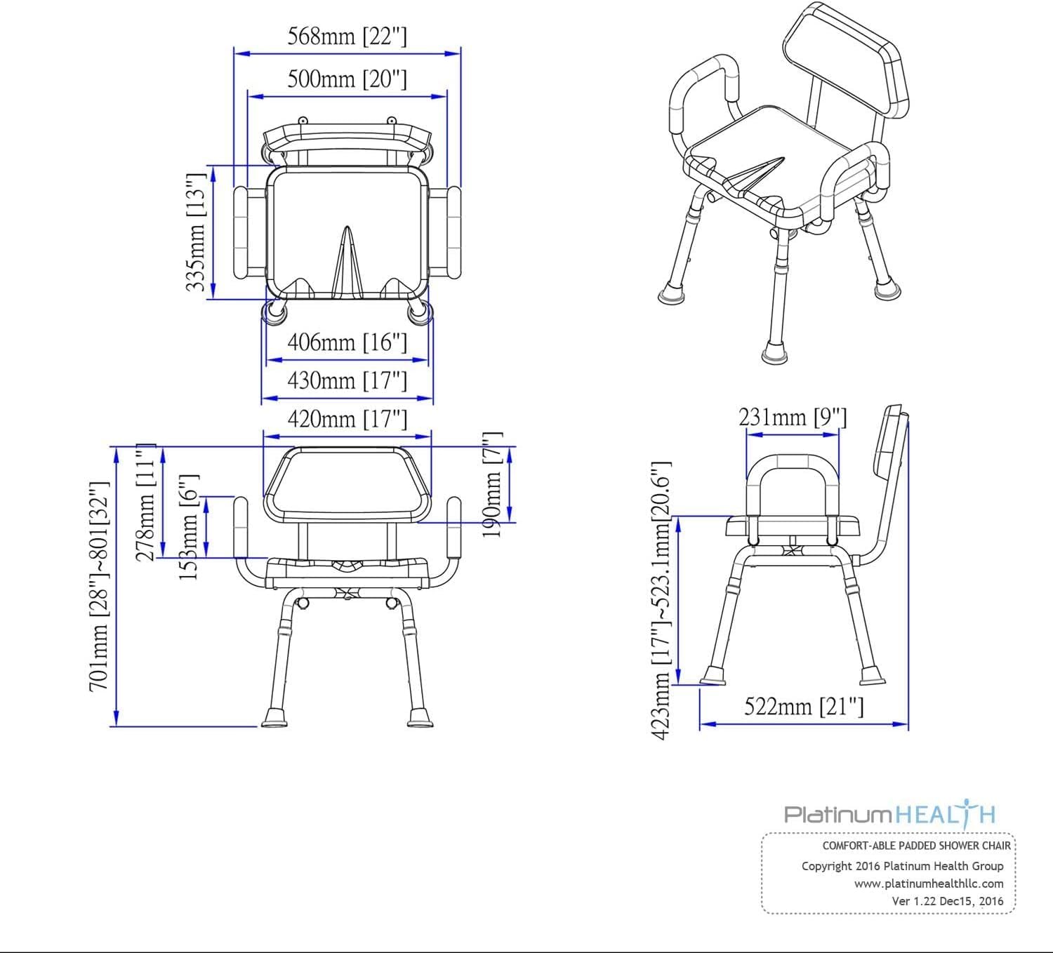 Comfortable Shower Chair for Elderly and Disabled for Inside Shower Seats | Sit Securely While Bathing - Blue, padded seat, adjustable height, aluminum frame, backrest, 400 lb