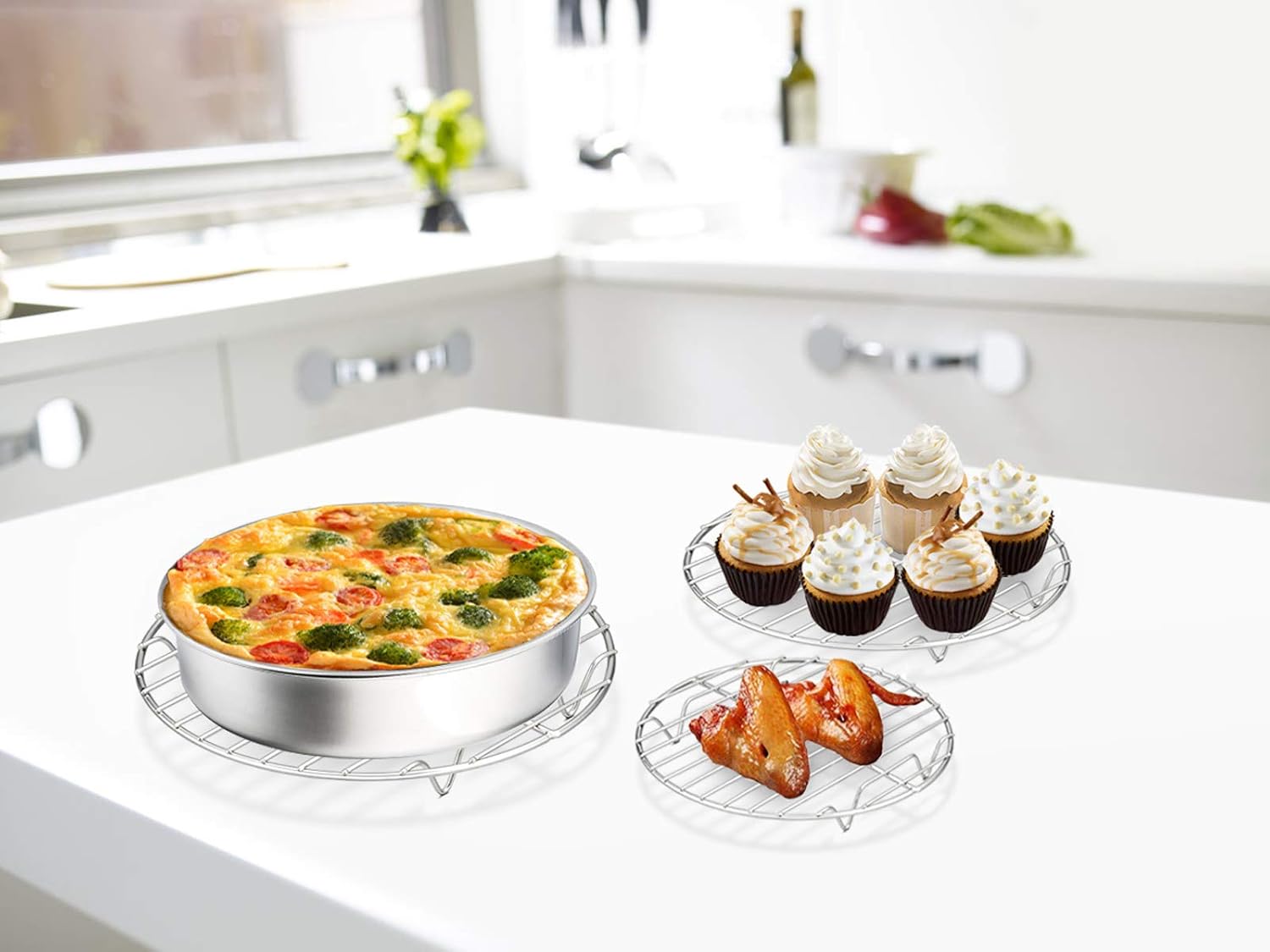 E-far Round Cooking Racks - Size 7½” & 9” & 10½” - Stainless Steel Round Steaming Baking Cooling Rack Set of 3, Multi-Purpose for Canning Air Fryer Pressure Cooker, Dishwasher Safe