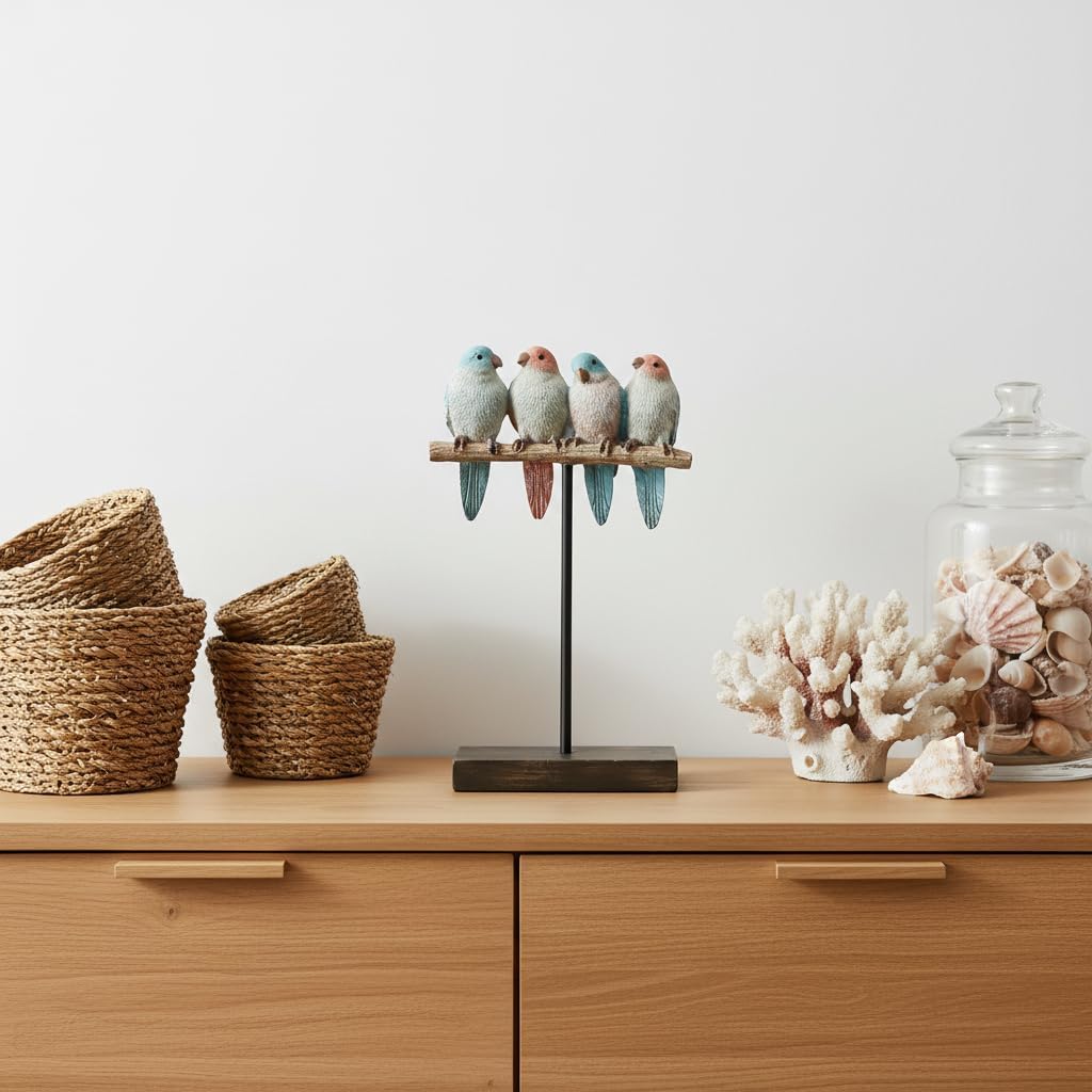 Comfy Hour Bird Figurines Home Decor, 9.8 Inch Decorative Birds Sculpture, Pastel Sparrows on Rustic Branch, Polyresin Tabletop Ornament for Shelf