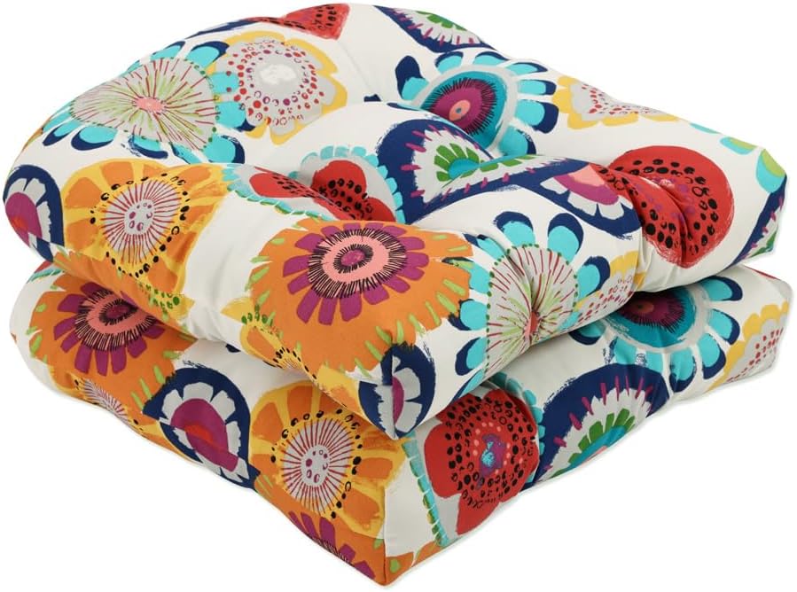 Pillow Perfect Bright Floral Indoor/Outdoor Tufted Wicker Seat Cushion, 2 Count, 19" x 19", Blue/Tan Telfair Peacock