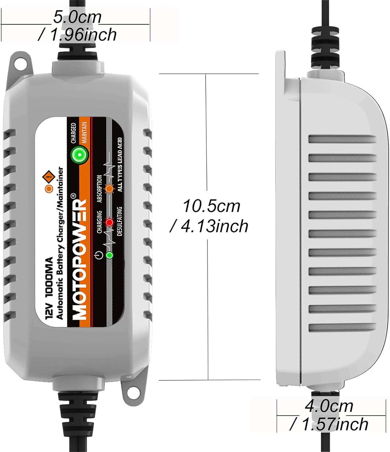 MOTOPOWER MP00205B 12V 1000mA Automatic Battery Charger, Battery Maintainer, Trickle Charger, and Battery Desulfator with Timer Protection - Grey