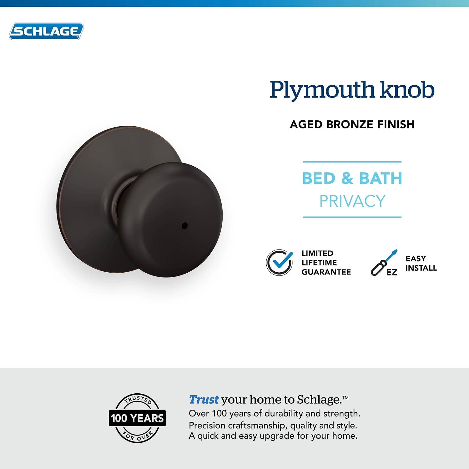 Schlage Plymouth Bed/Bath Privacy Door Knob with Lock, Satin Nickel | Interior bedroom or bathroom door knob with push button lock, Easy to install, Certified durability, Universal fit