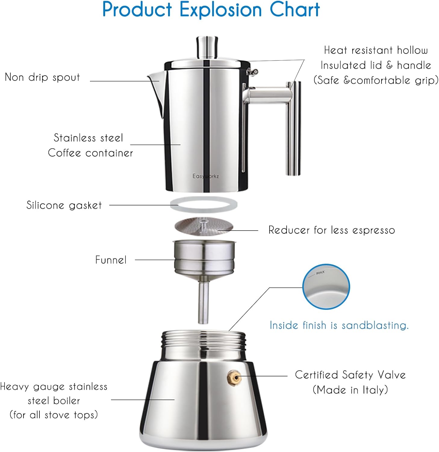 Easyworkz Diego Stovetop Espresso Maker Stainless Steel Italian Coffee Machine Maker 6Cup 10 oz Moka Pot Induction Espresso Pot
