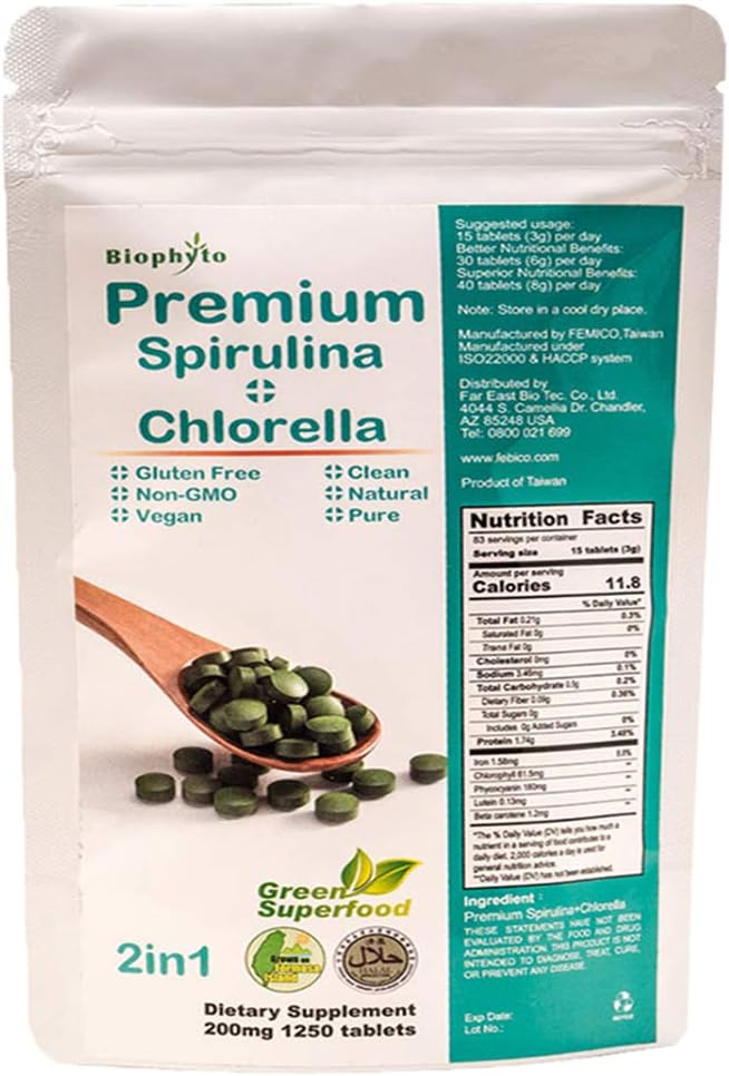 Biophyto-Chlorella Spirulina 2 in 1 Tablets- 1250 Counts- Broken Cell Wall- Vegan- 83 Days Supply- Phycocyanin, Protein- Non-GMO- Iron, Zinc, B12