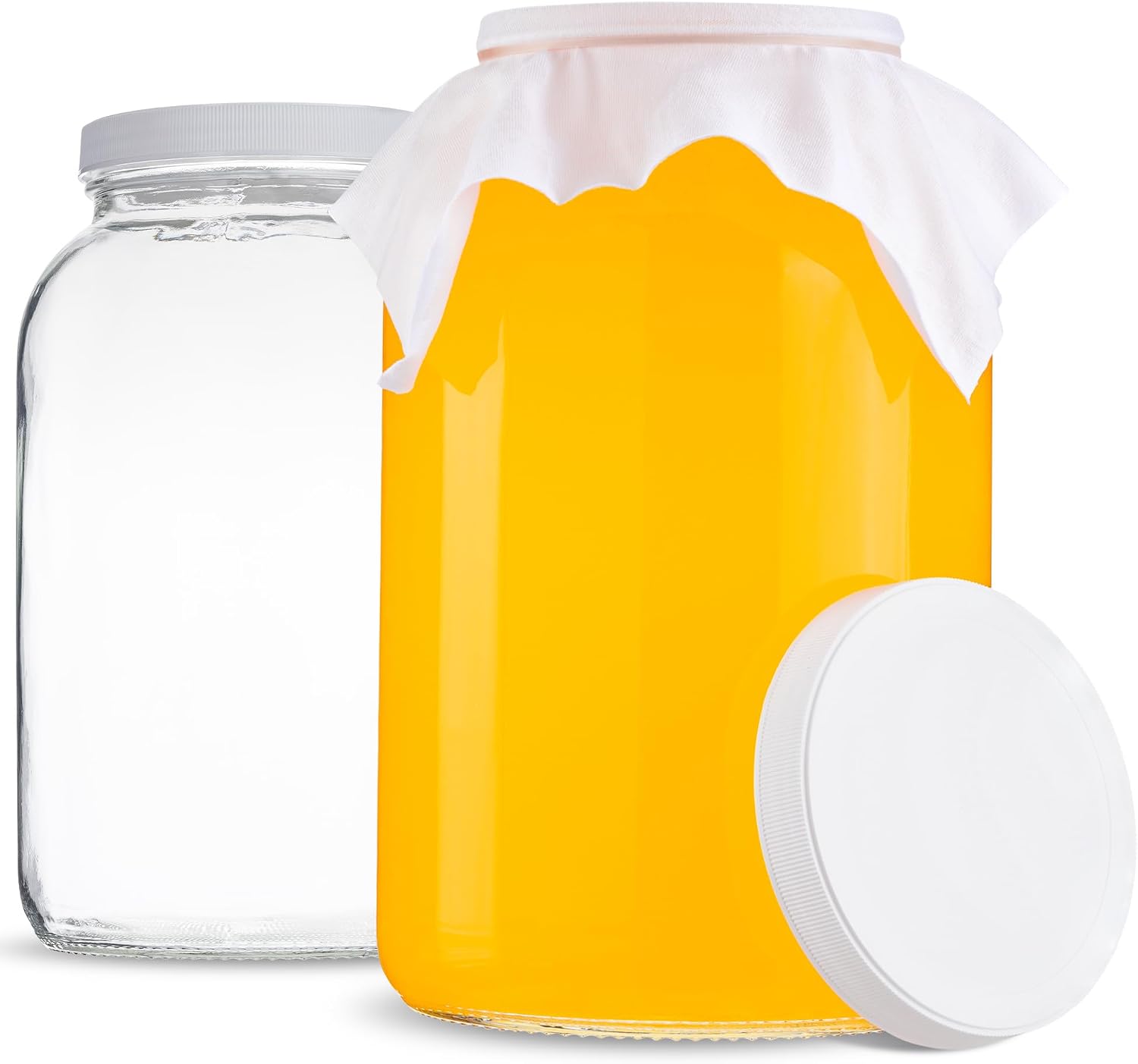 1 Gallon Glass Wide Mouth Kombucha Brewing Mason Jar - Home Brewing and Fermenting Kit with Cotton Cloth Filter, Rubber Band and Plastic Lid (1 Jar)