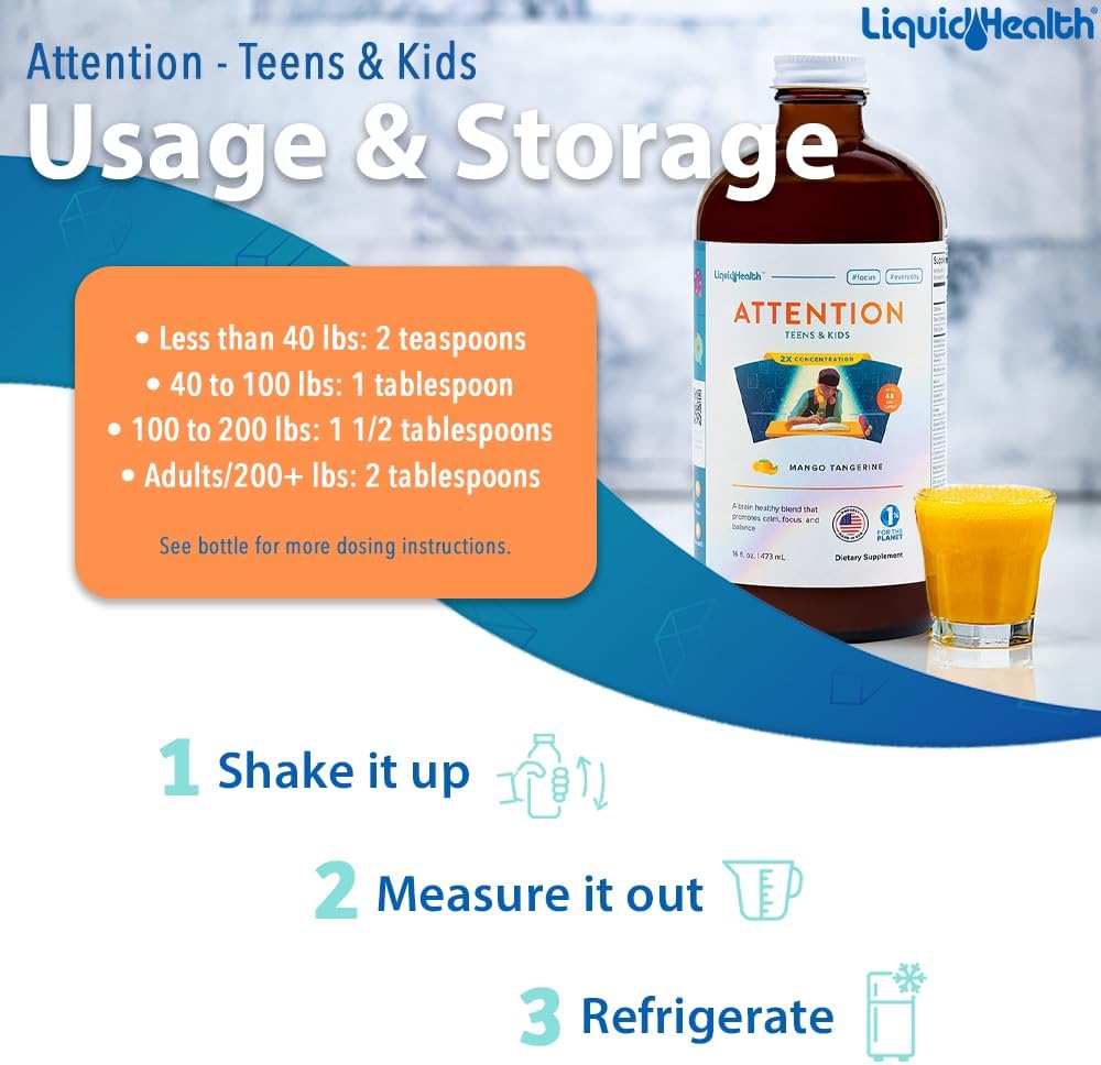 LIQUIDHEALTH Attention Liquid Multivitamin for Kids & Teens - Improves Memory Retention, Concentration, Focus, Mood, Relaxation & Calming - Made in the USA, Great Taste, Vegan, Sugar-Free (16 oz)