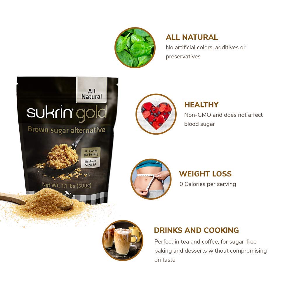 SUKRIN GOLD 100% Natural Sugar Free Brown Sugar Substitute with Erythritol & Stevia Brown Sugar Zero Calorie Sweetener, Granulated Gluten Free Non-GMO Kosher Blood Sugar Vegan Keto Friendly, 1.1LB Bag